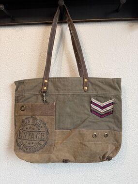 MYRA Military Canvas‎ and Leather Tote Bag Vintage Utility